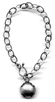 PILLOW $185-sterling silver bracelet with dangle of two clasping convex squares with mizzy texture (7 1/2" long chain)